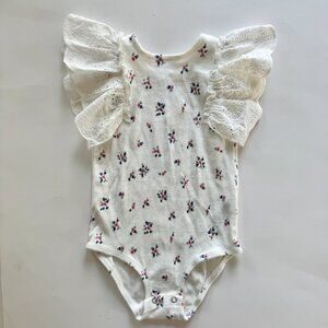 ZARA Floral Ribbed Bodysuit | Eyelet Ruffle Sleeves | Ivory | 3–4Y | NWT